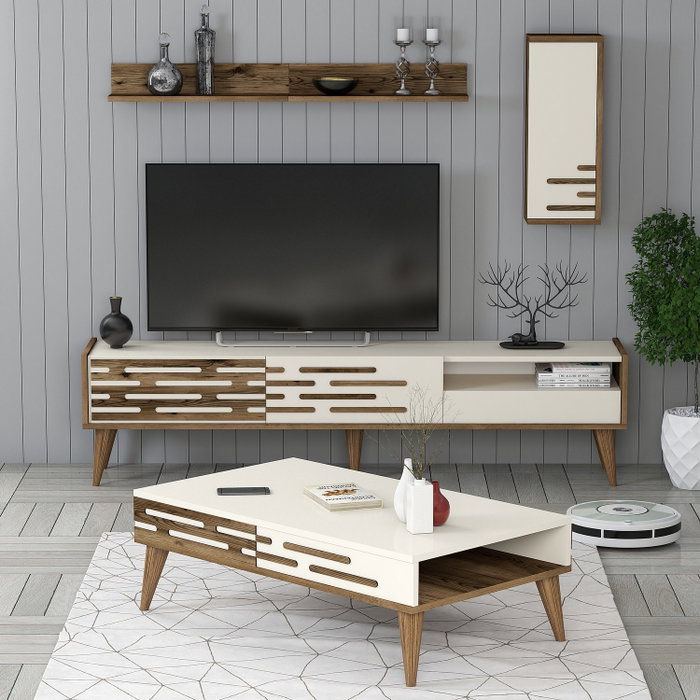 Hanah Home Valensiya Conjunto de Muebles de Salón Nogal y Crema
